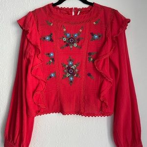 Free People Embroidered Floral Smock Blouse